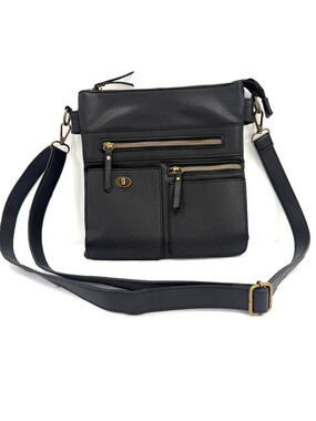 Black Faux Leather Crossbody Bag Multi Pocket Organizer Purse Adjustable Strap